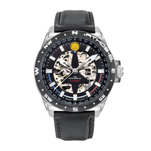 Montre en metal avec cadran noir découpé en forme d'alpha-jet laissant apparaitre le mécanisme de la montre.