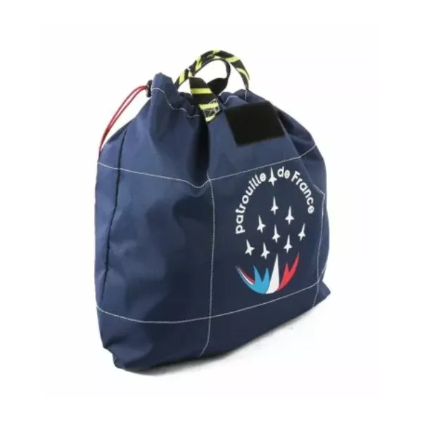 Grand sac bleu marine avec logo Patrouille de France et anse en jaune et noir.