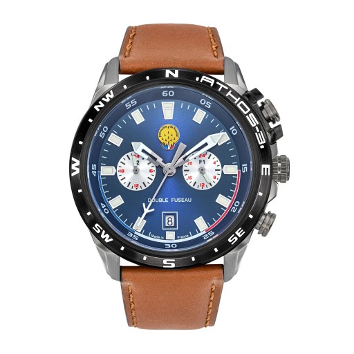 Montre Athos 3 - Double Fuseau horaire - Cadran Bleu et Bracelet Marron