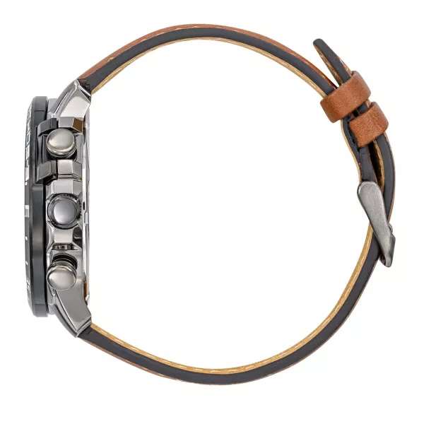 Profil de la montre avec bracelet en cuir et boutons en métal.