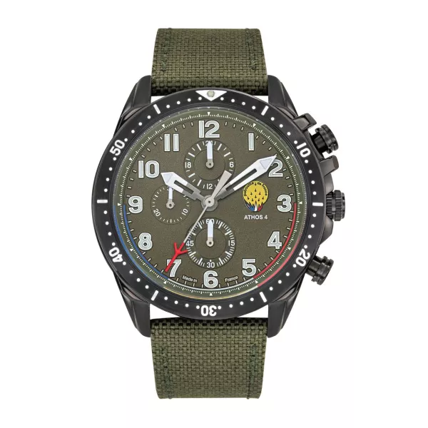 Montre en metal avec cadran et bracelet vert kaki.