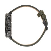 Profil de la montre avec bracelet vert kaki et cadran noir.