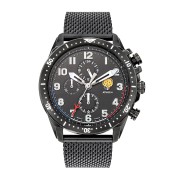 Montre en metal avec cadran et boitier noir. Chiffres et aiguilles blancs.