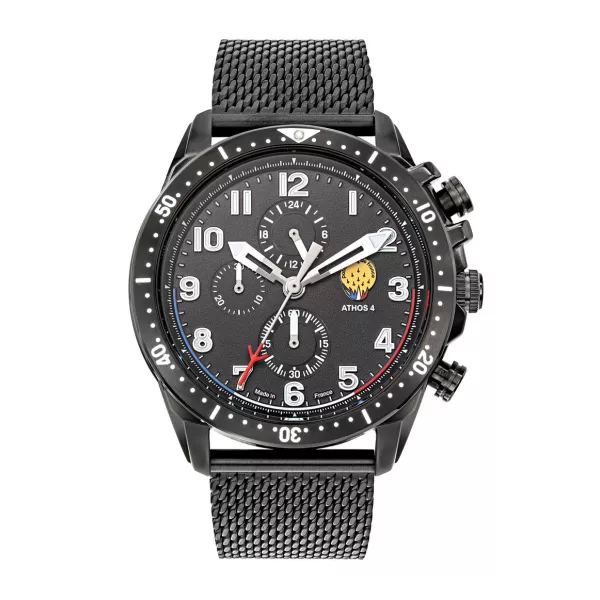 Montre en metal avec cadran et boitier noir. Chiffres et aiguilles blancs.