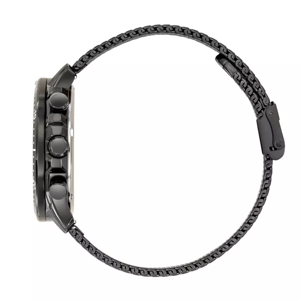Profil de la montre avec bracelet et boitier en métal noir.