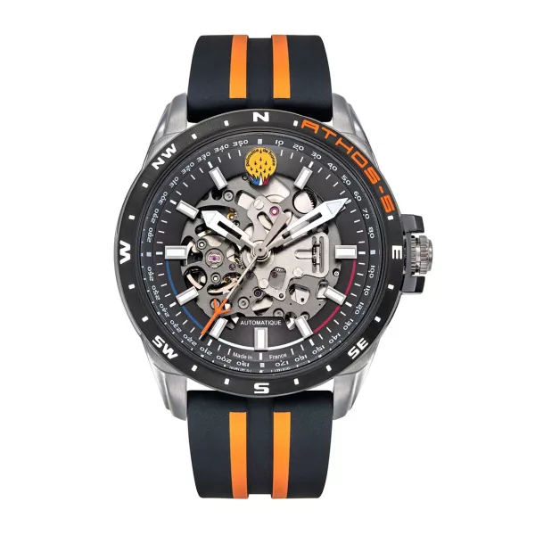 Montre en metal avec cadran noir découpé  laissant apparaitre le mécanisme de la montre.