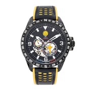 Montre en metal avec cadran noir laissant apparaitre le mécanisme de la montre.