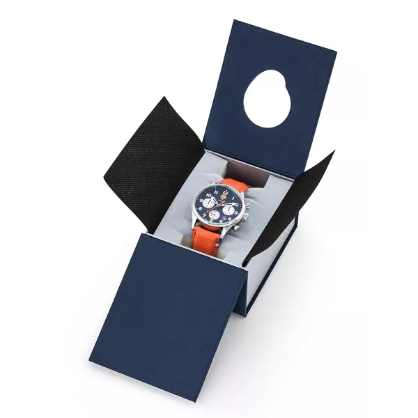 Coffret bleu marine, écrin de la montre.
