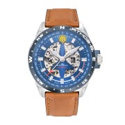 Montre en metal avec cadran bleu découpé en forme d'alpha-jet laissant apparaitre le mécanisme de la montre.