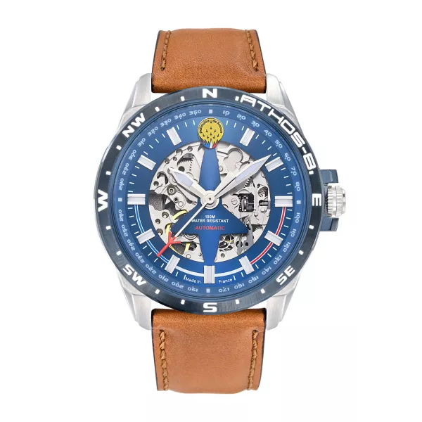 Montre en metal avec cadran bleu découpé en forme d'alpha-jet laissant apparaitre le mécanisme de la montre.