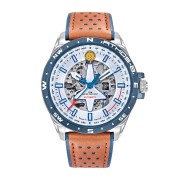 Montre en metal avec cadran blanc découpé en forme d'alpha-jet laissant apparaitre le mécanisme de la montre.