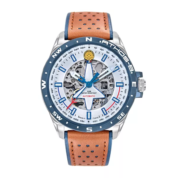 Montre en metal avec cadran blanc découpé en forme d'alpha-jet laissant apparaitre le mécanisme de la montre.