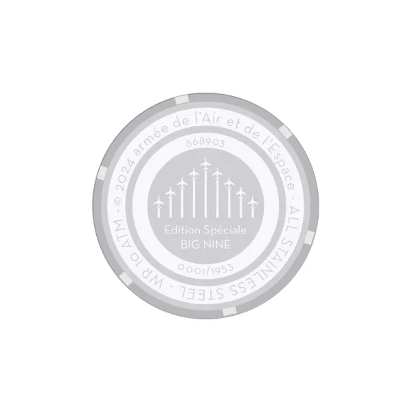 Dos de la montre avec visuel Patrouille de France gravé dans le métal.