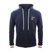 Veste bleue marine avec bords côte tricolore et logo de l'AAE sur le coeur.