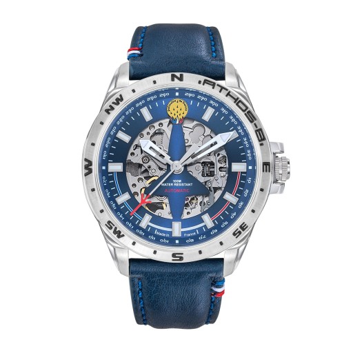 Montre Athos 8 Automatique - Cadran Argenté et  Bracelet Cuir Bleu
