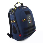 Sac à dos bleu marin et noir avec bandes de serrage noires et jaunes