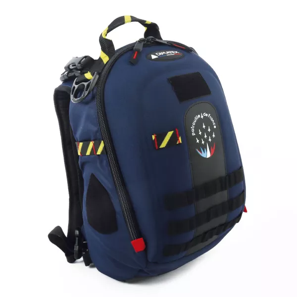 Sac à dos bleu marin et noir avec bandes de serrage noires et jaunes
