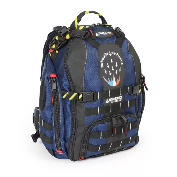 Sac à dos bleu marine et noir avec inscription Patrouille de France, bande de serrage en noir et jaune.