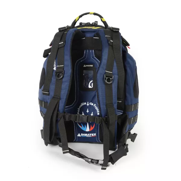 Anses de sac à dos renforcée, bleu marine et noir.