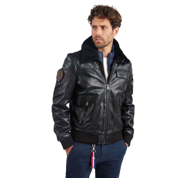 Blouson de pilote en cuir Noir Rafal Ycon Redskins x Patrouille