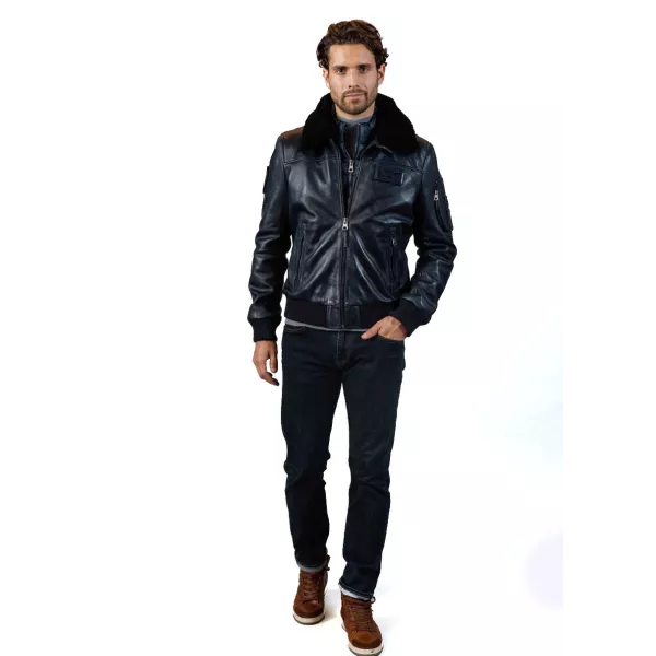 Blouson de pilote en cuir Bleu Marine Rafal Ycon - Redskins x Patrouille de France