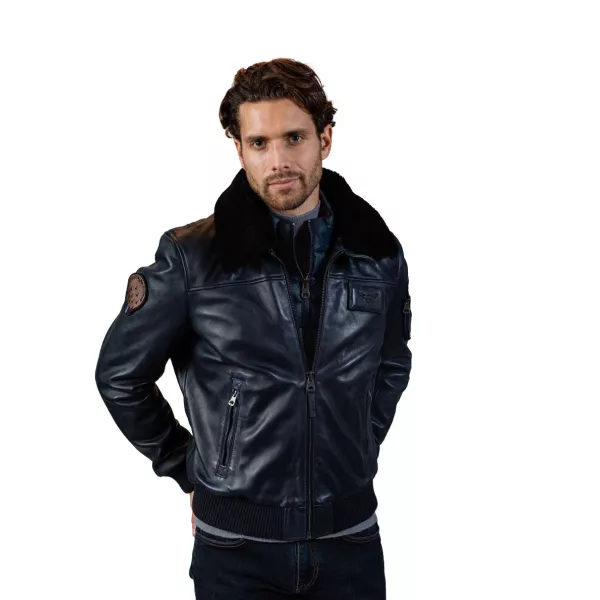 Blouson de pilote en cuir Bleu Marine Rafal Ycon - Redskins x Patrouille de France