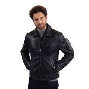 Blouson d'aviateur en cuir bleu marine.