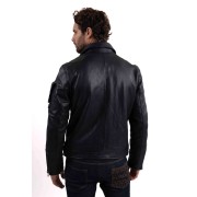 Dos du blouson en cuir bleu marine, sans inscription.