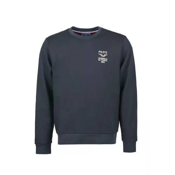 Sweat-shirt bleu marine avec broderie sur le coeur des Ailes de l'aviation et de l'inscription "Patrouille de France".