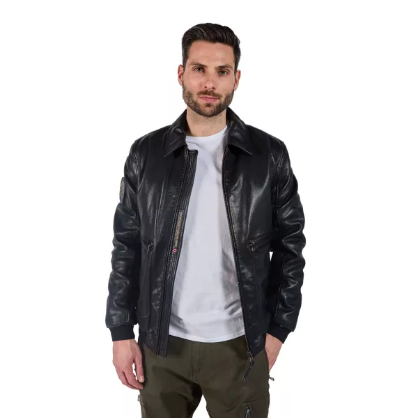Blouson en Cuir Noir avec col à revers