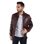 Blouson en Cuir Marron avec col à revers,