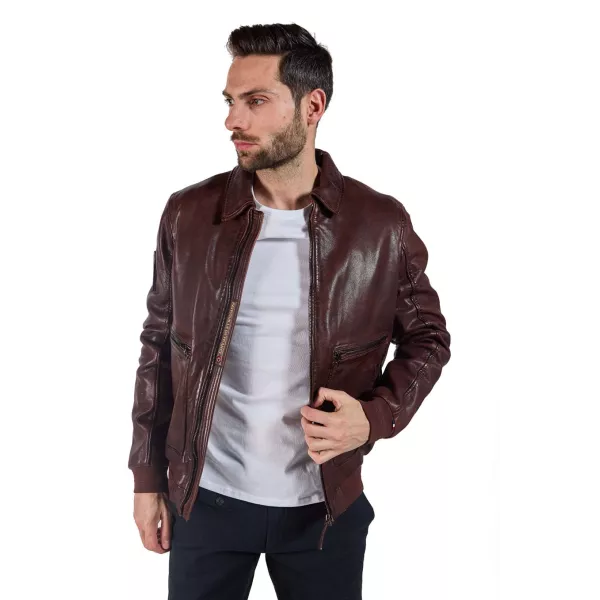 Blouson en Cuir Marron avec col à revers,