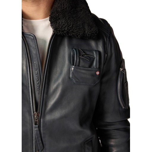 Blouson en Cuir Bleu Marine foncé Jet French Atlas - Redskins x Armée de l'Air et de l'Espace