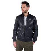 Blouson en Cuir Bleu Marine perforé et  col montant