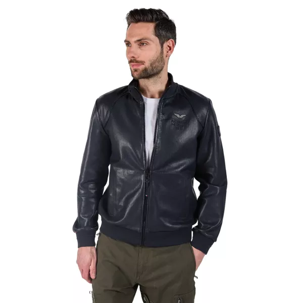 Blouson en Cuir Bleu Marine perforé et  col montant