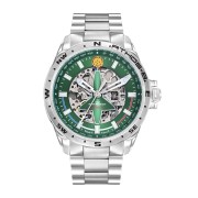 Montre en metal avec cadran vert découpé en forme d'alpha-jet laissant apparaitre le mécanisme de la montre.