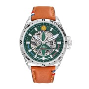 Montre en metal avec cadran vert découpé en forme d'alpha-jet laissant apparaitre le mécanisme de la montre.