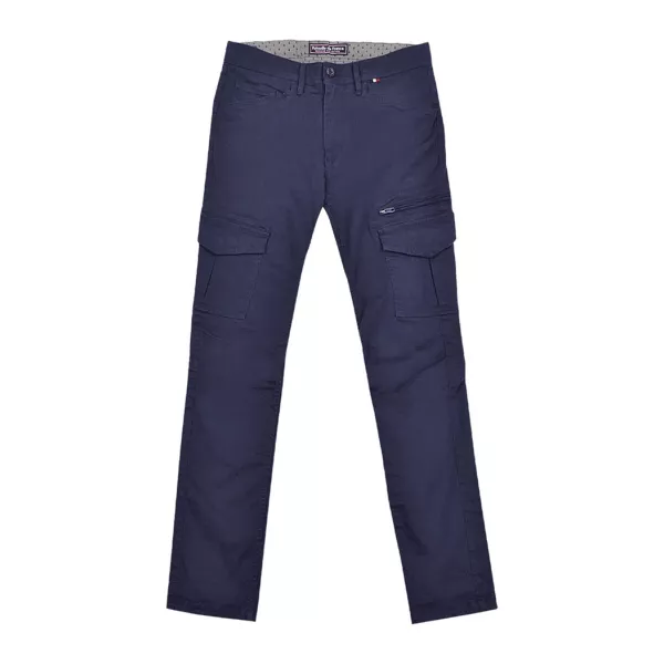 Pantalon bleu avec 2 poches raglans latérales et 2 poches à rabats au niveau des cuisses