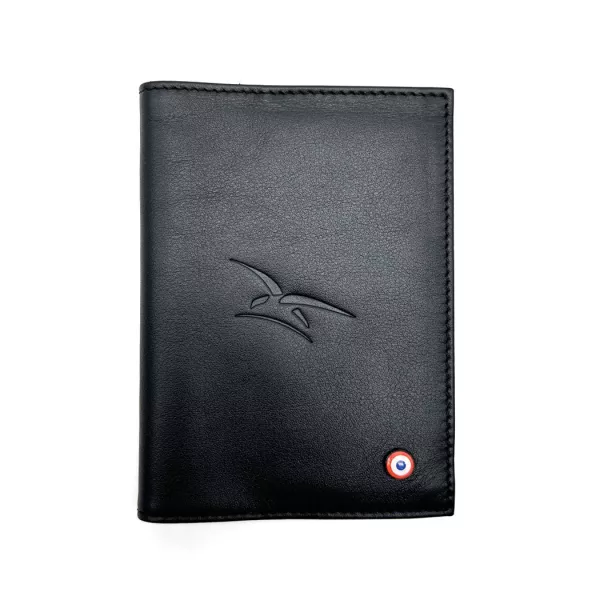 Porte passeport en Cuir lisse Noir, avec logo de l'armée de l'Air et de l'Espace embossé sur le dessus.
