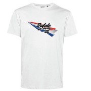 T-shirt blanc avec écriture "Rafale Solo Display" noire sur un éclair tricolore.