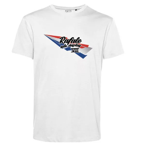T-shirt blanc avec écriture "Rafale Solo Display" noire sur un éclair tricolore.