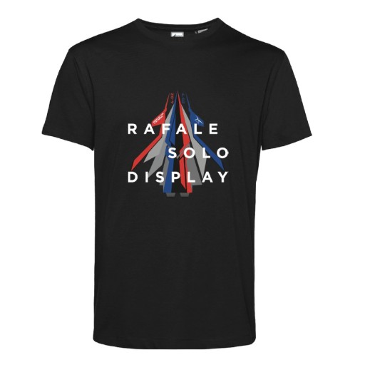 T-shirt noir avec inscription "Rafale Solo Display" blanche au-dessus d'une silhouette d'avion tricolore.