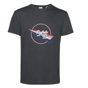 T-shirt gris foncé avec visuel bleu-blanc-rouge sur le torse représentant une inscription du RSD et une silhouette d'avion.