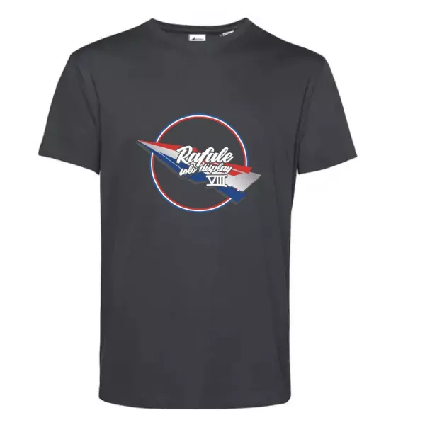 T-shirt gris foncé avec visuel bleu-blanc-rouge sur le torse représentant une inscription du RSD et une silhouette d'avion.