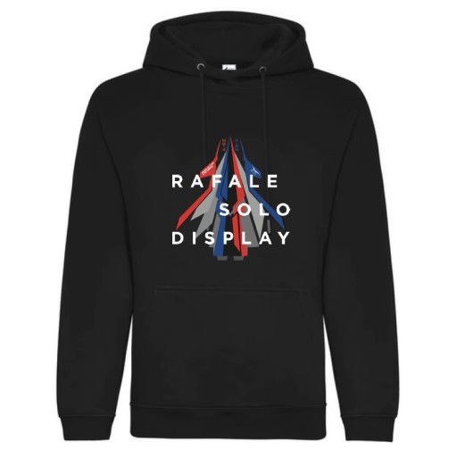 Sweat noir avec inscription blanche "Rafale Solo Display" et silhouette d'avion tricolore.