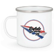 Mug en metal peint en blanc, avec illustration du Rafale Solo Display en bleu, noir et rouge.