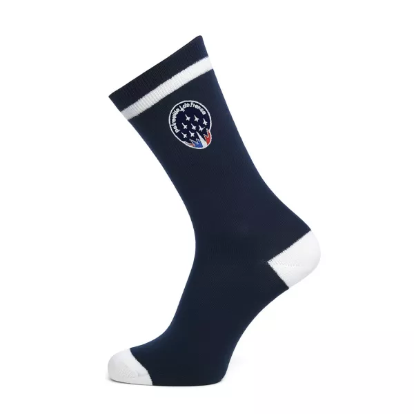 Chaussette bleue marine avec liseré, talon et bout du pied en blanc. Broderie de l'insigne de la Patrouille de France.