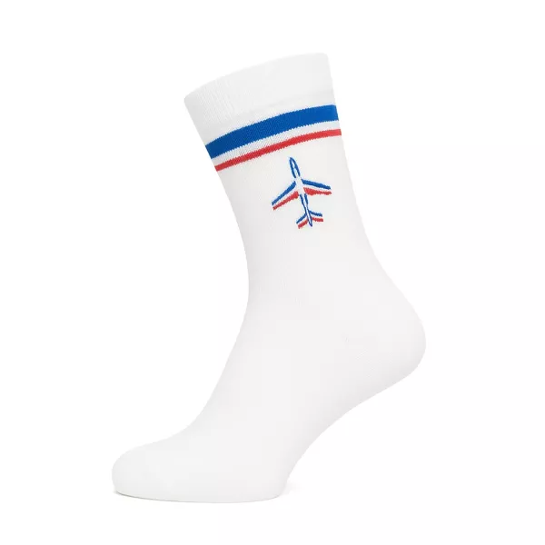 Chaussette blanche avec liseré tricolore et broderie d'un alpha-jet.