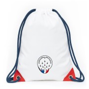 Sac piscine blanc, avec anses bleu et détails rouge sur le bas du sac.