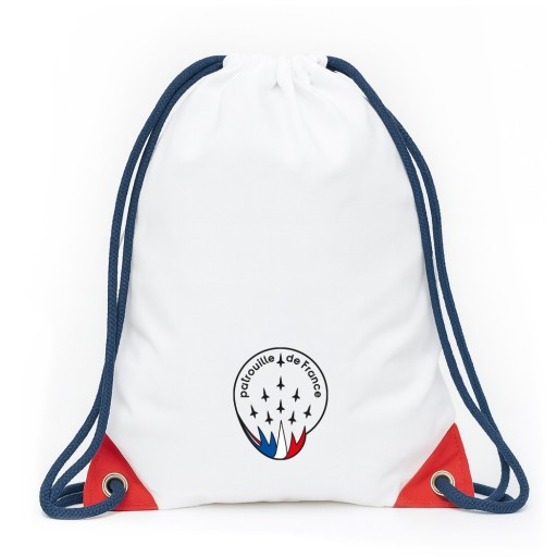 Sac piscine blanc, avec anses bleu et détails rouge sur le bas du sac.